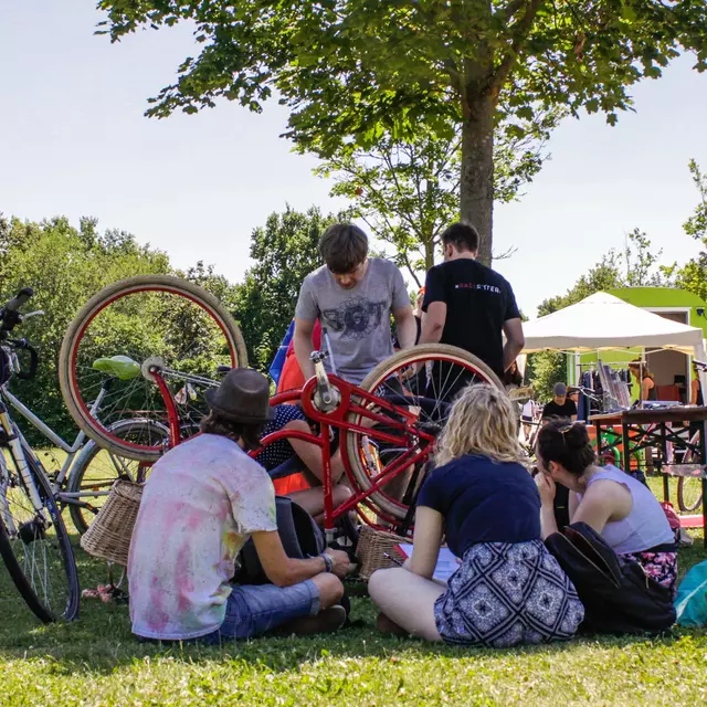 Studierende sitzen auf dem Rasen